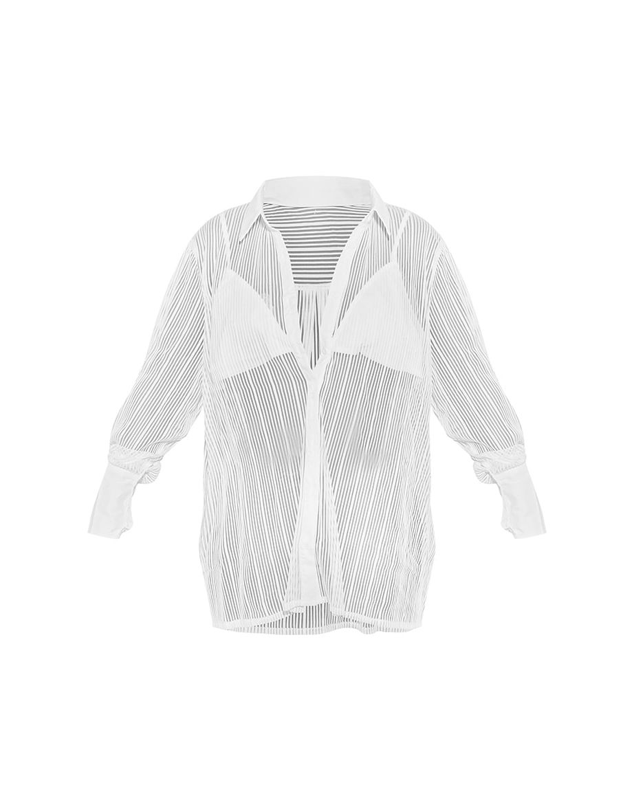 Cream Textured Chiffon Bralet Detail Oversized Shirt - 4