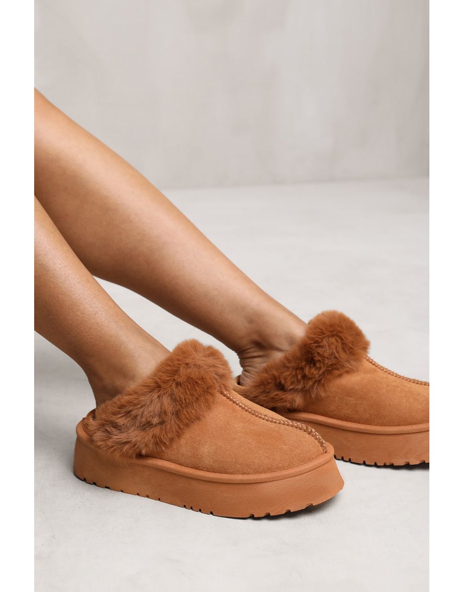 MAYA SLIDE ON Slipper WITH FAUX FUR LINING IN CAMEL