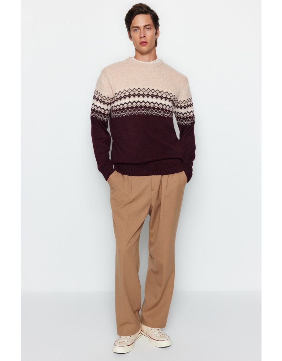 Claret Red Men's Slim Fit Crew Neck Panel Jacquard Knitwear Sweater
