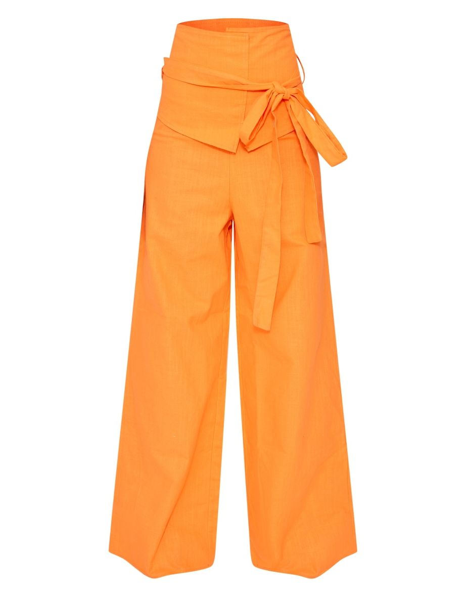 Bright Orange Linen Look Oversized Belted High Waisted Wide Leg Trousers - 4