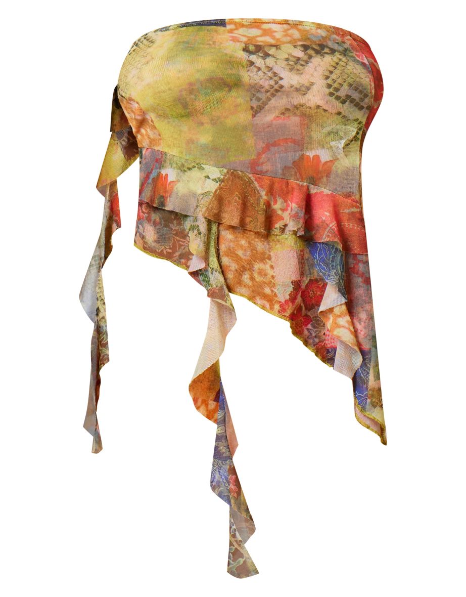 Multi Asymmetric Ruffle Drape Mesh Top - 4