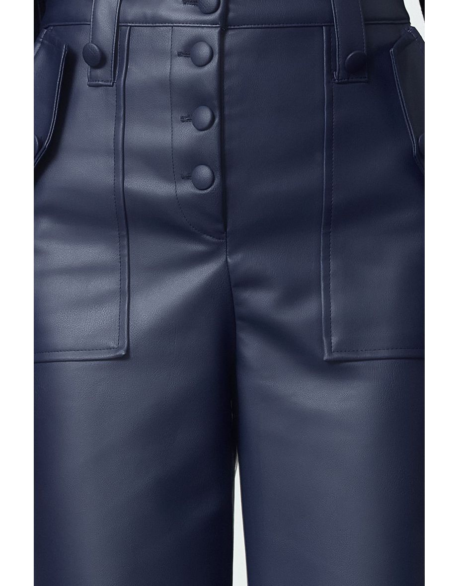 Navy Blue Carrot Woven Front Buttoned Faux Leather Trousers - 4