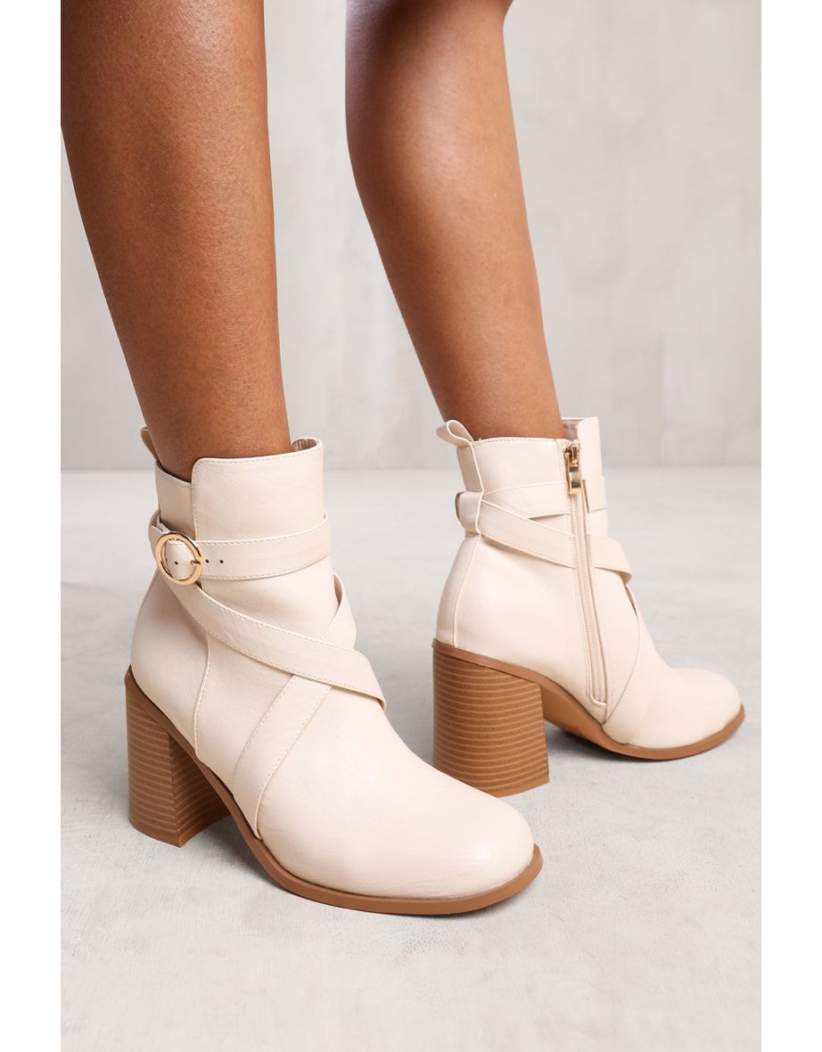 TEAGAN ANKLE BOOT WITH CHUNKY HEEL AND CROSS OVER STRAP DETAIL IN CREAM FAUX LEATHER - 1