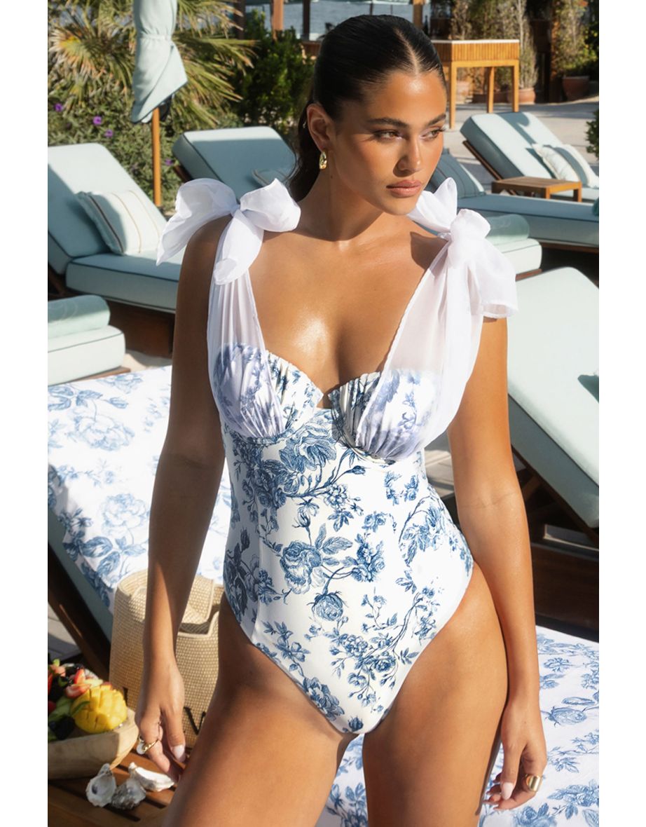 Sheer Bliss | Blue Porcelain Print Swimsuit With Organza Bows - 4