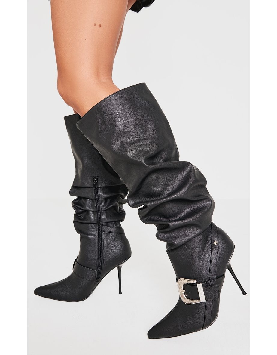 Black Pu Point Toe Buckle Knee High Stiletto Heeled Boots