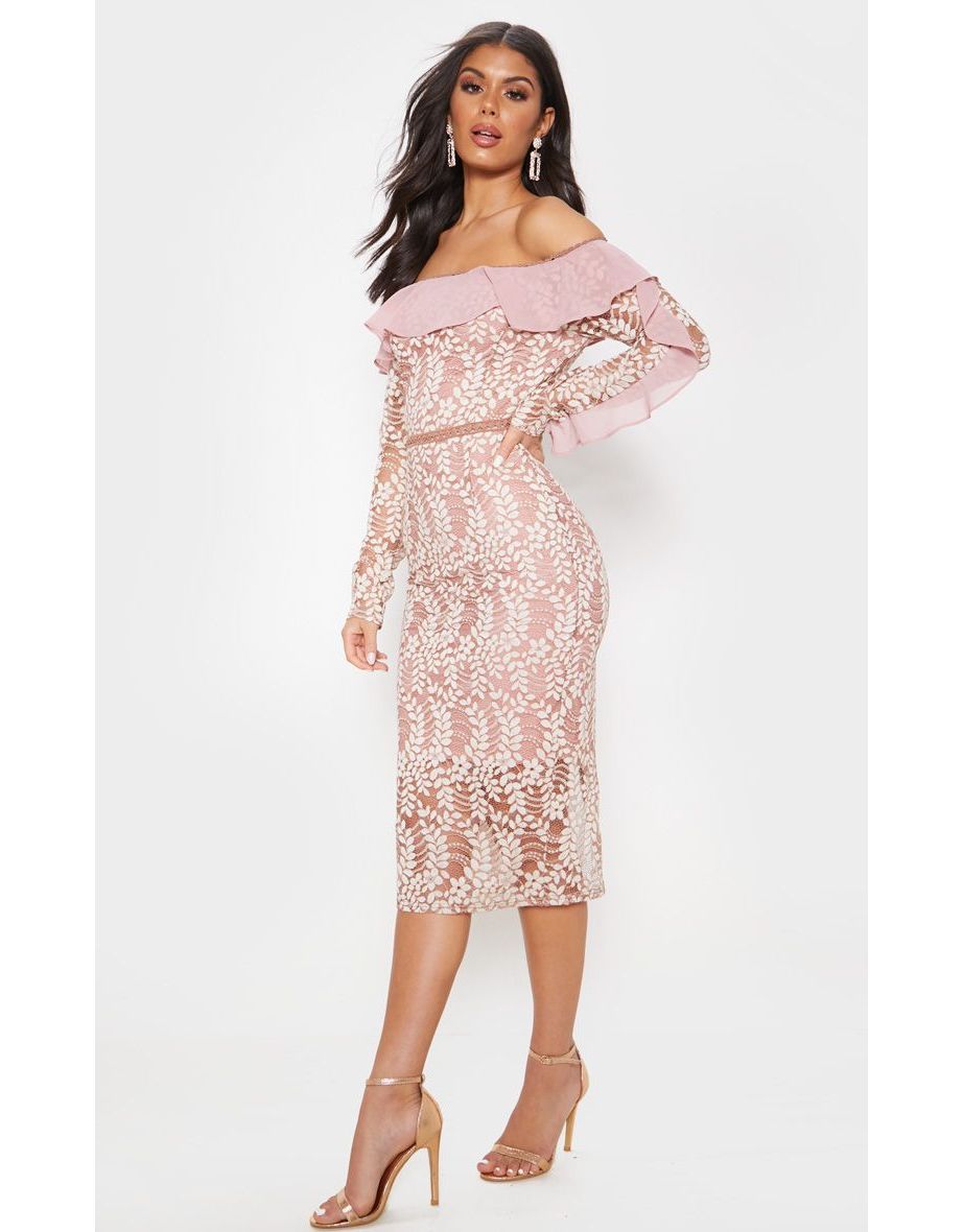 dusty pink bardot lace frill sleeve midi dress