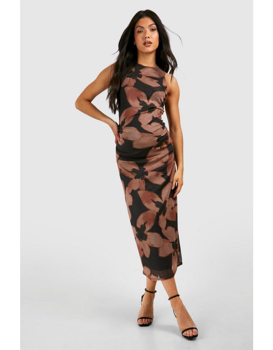 Maternity Sleeveless Midaxi Floral Burnout Mesh Dress - brown