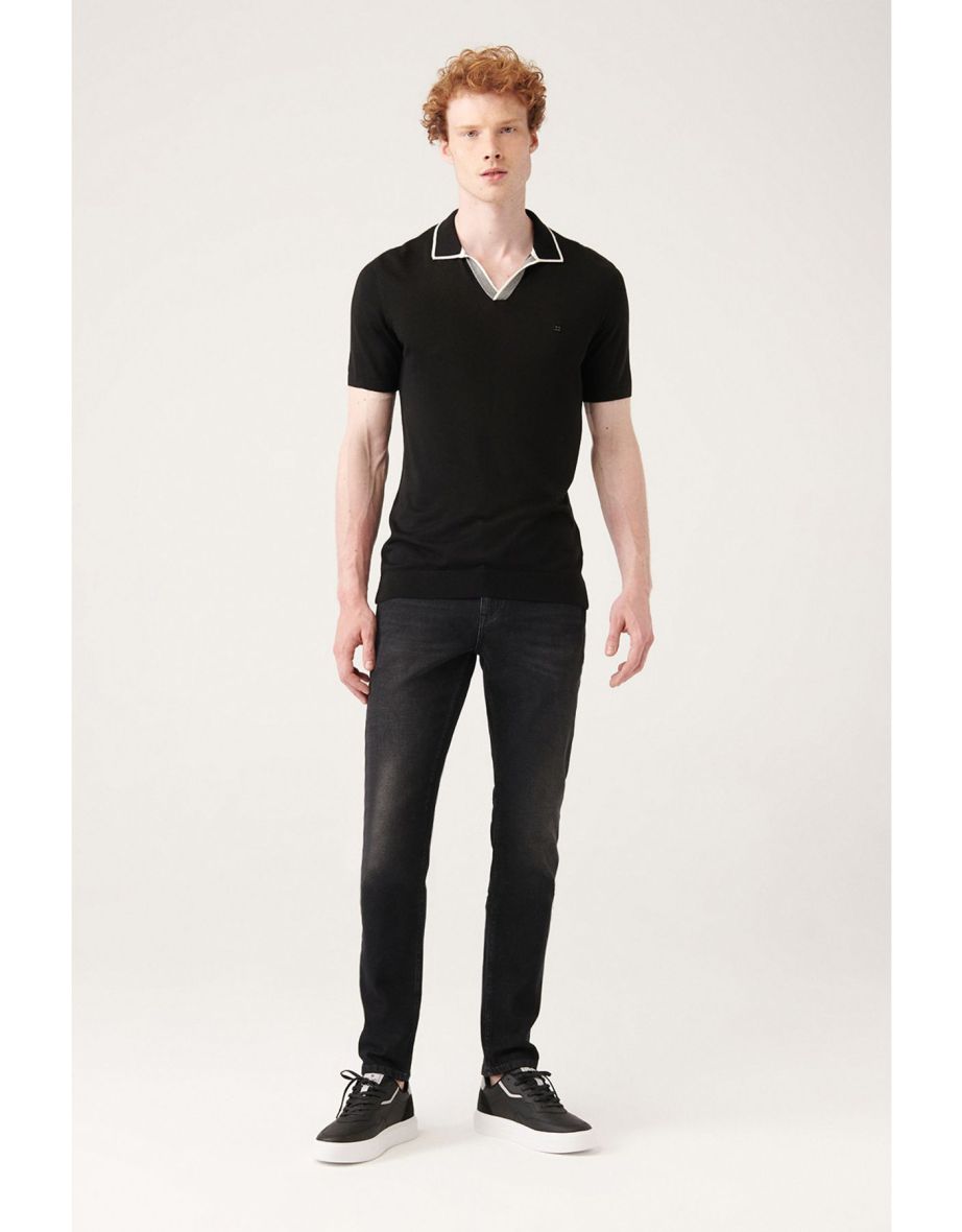 Black Polo Collar without Buttons with Stripe Detail and Ribbed Regular Fit Knitwear T-shirt. - 4