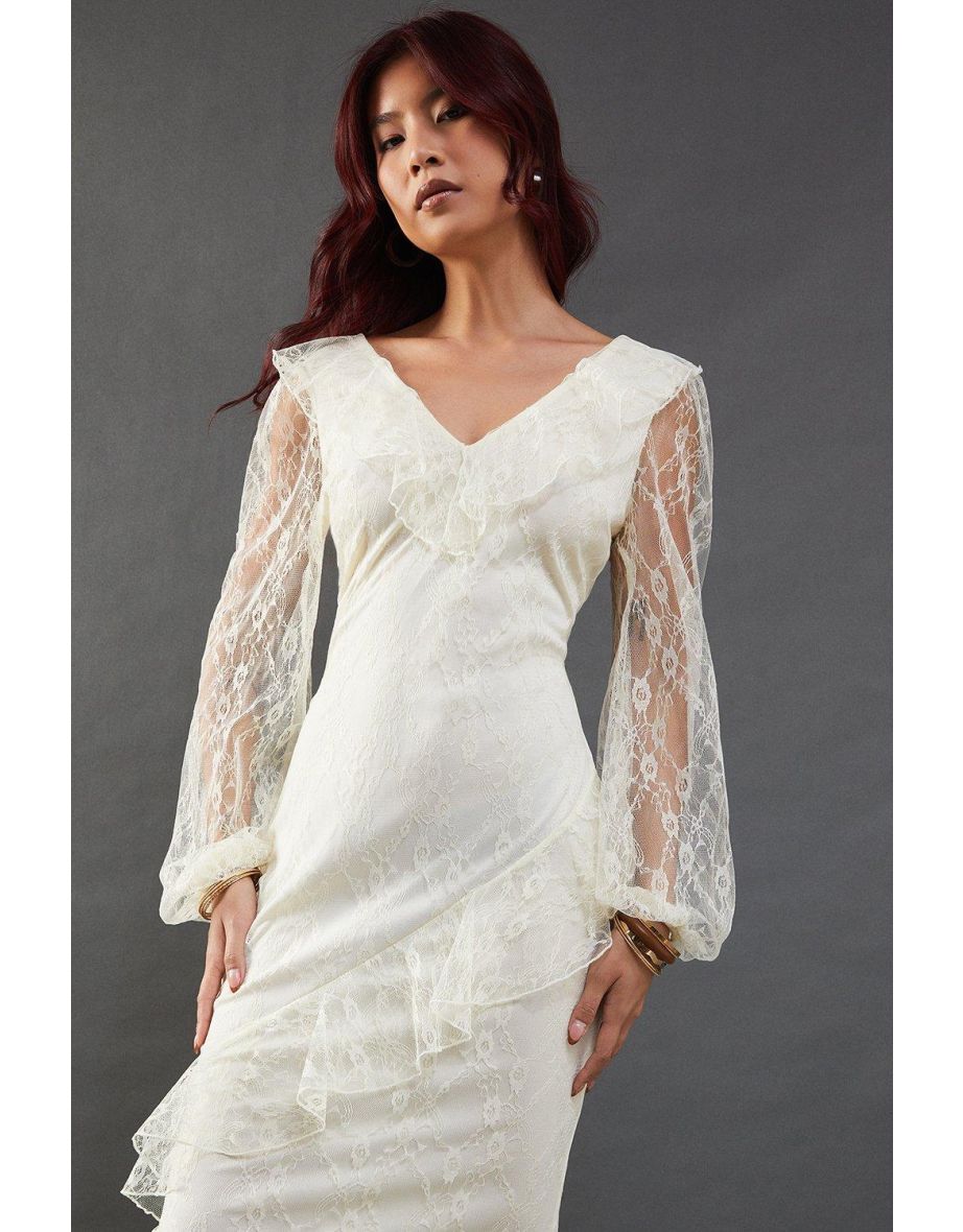 Lace V Neck Ruffle Dress - 3