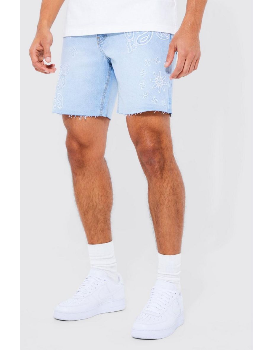 Relaxed Fit Bandana Print Denim Shorts - ice blue