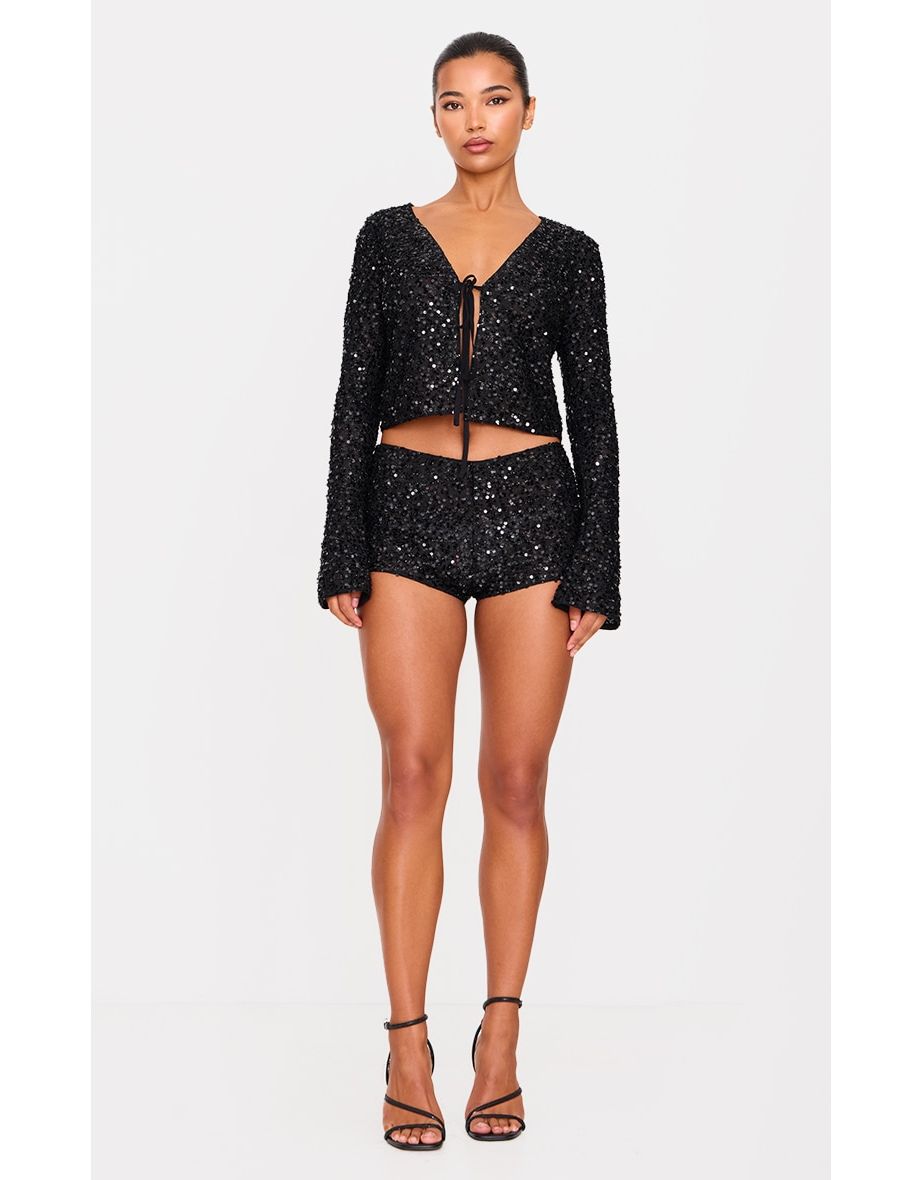 Black Textured Sequin Hot Pants