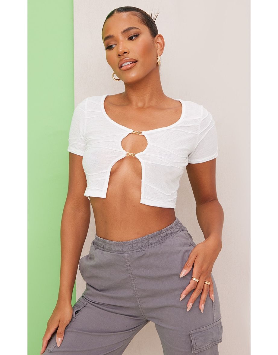 White Textured Jersey Chain Fastened Crop Top