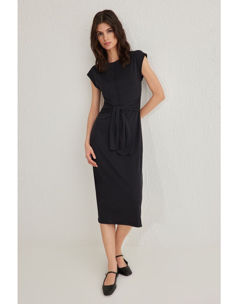 Black Plain Belted Midi Soft Textured Pique Knit Dress