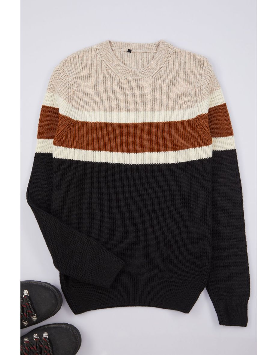 Black Slim Crew Neck Color Blocked Knitwear Sweater