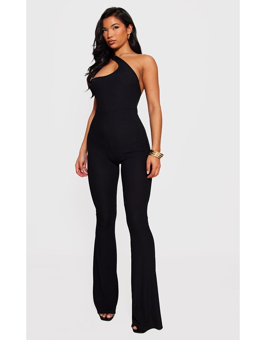 Shop Black One Shoulder Back Detail Flared Rib Jumpsuit Online in Qatar VogaCloset