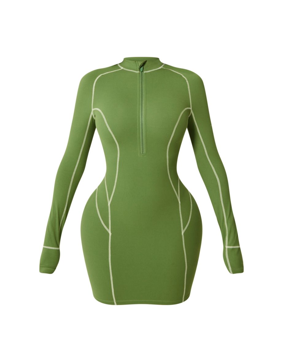 Shape Khaki Soft Seamless Contrast Long Sleeve Bodycon Dress - 4