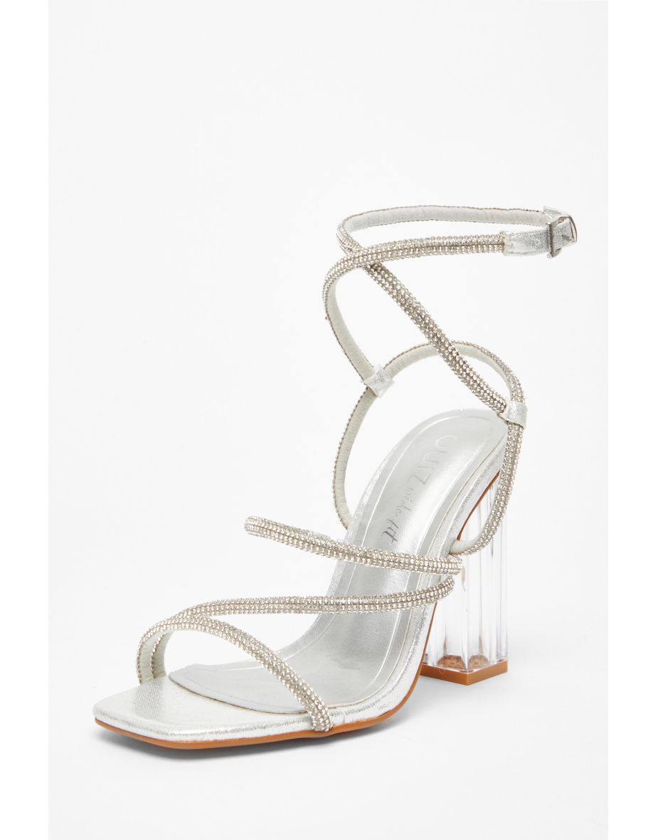 Wide Fit Silver Diamante Heeled Sandals