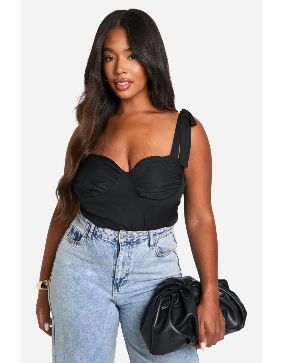 Plus Tie Shoulder Ruched Bodysuit - black