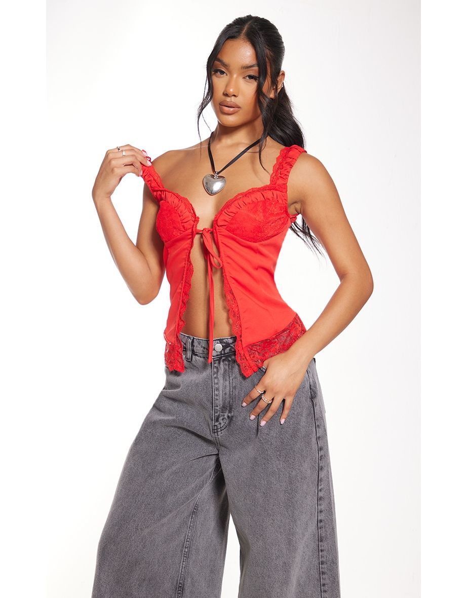 Dark Red Woven Lace Ruched Tie Front Crop Top