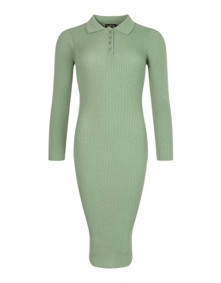 Polo Collar Rib Knit Midi Dress - sage - 3