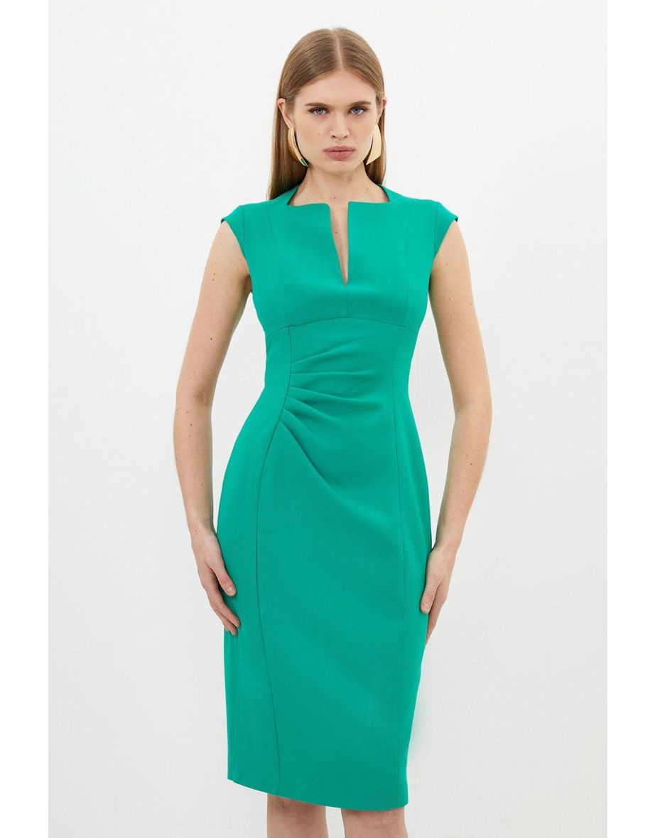 Tailored Structured Crepe Envelope Neck Pencil Midi Dress