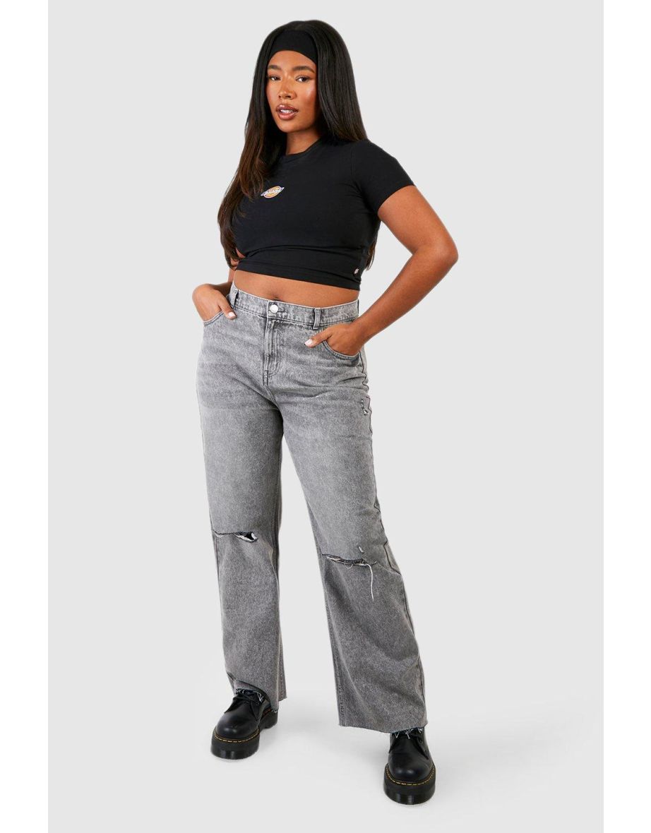 Plus Ripped Knee Raw Hem Relaxed Straight Leg Jeans - light grey