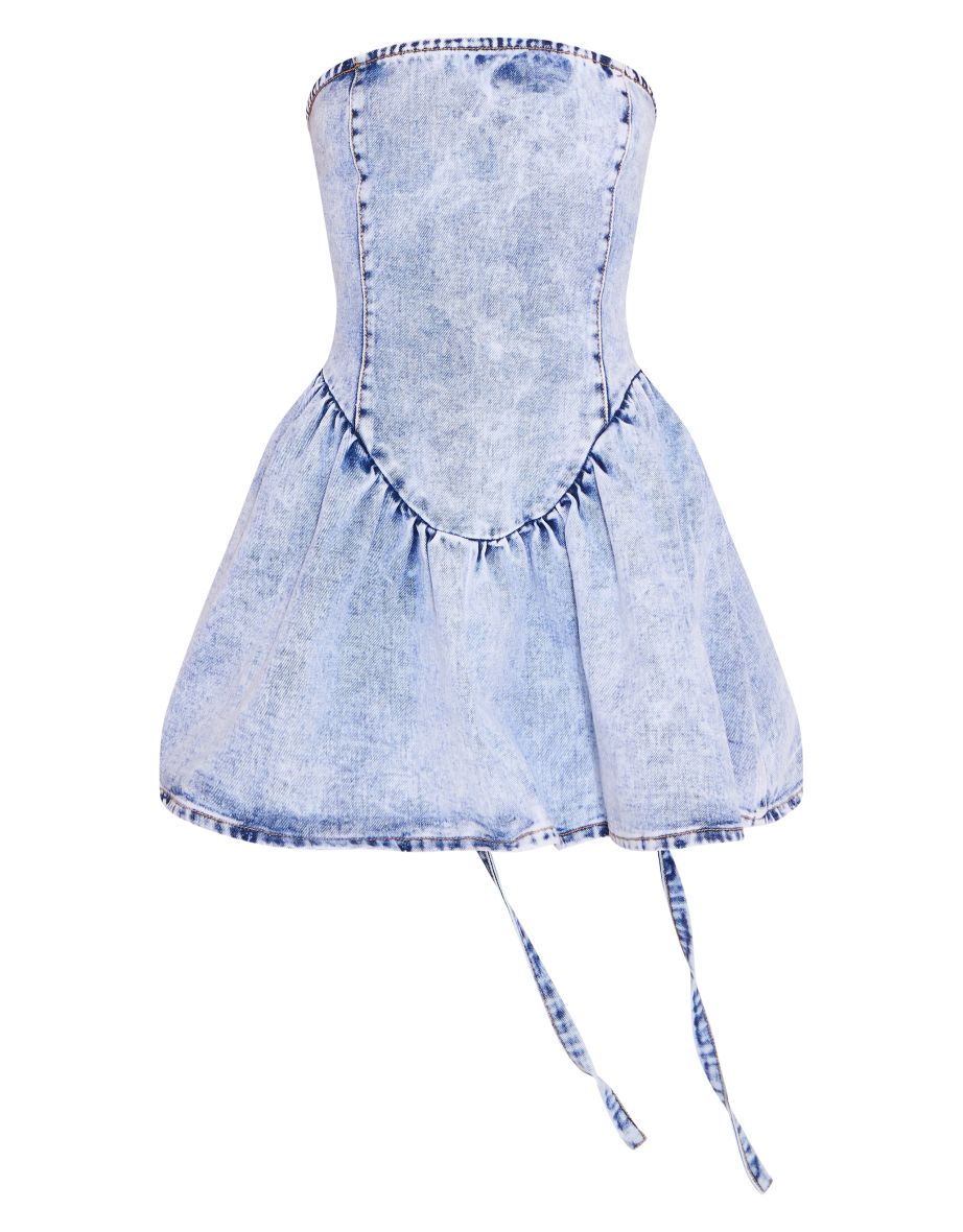 Ice Blue Lace Up Corset Style Back Denim Puffball Dress - 4