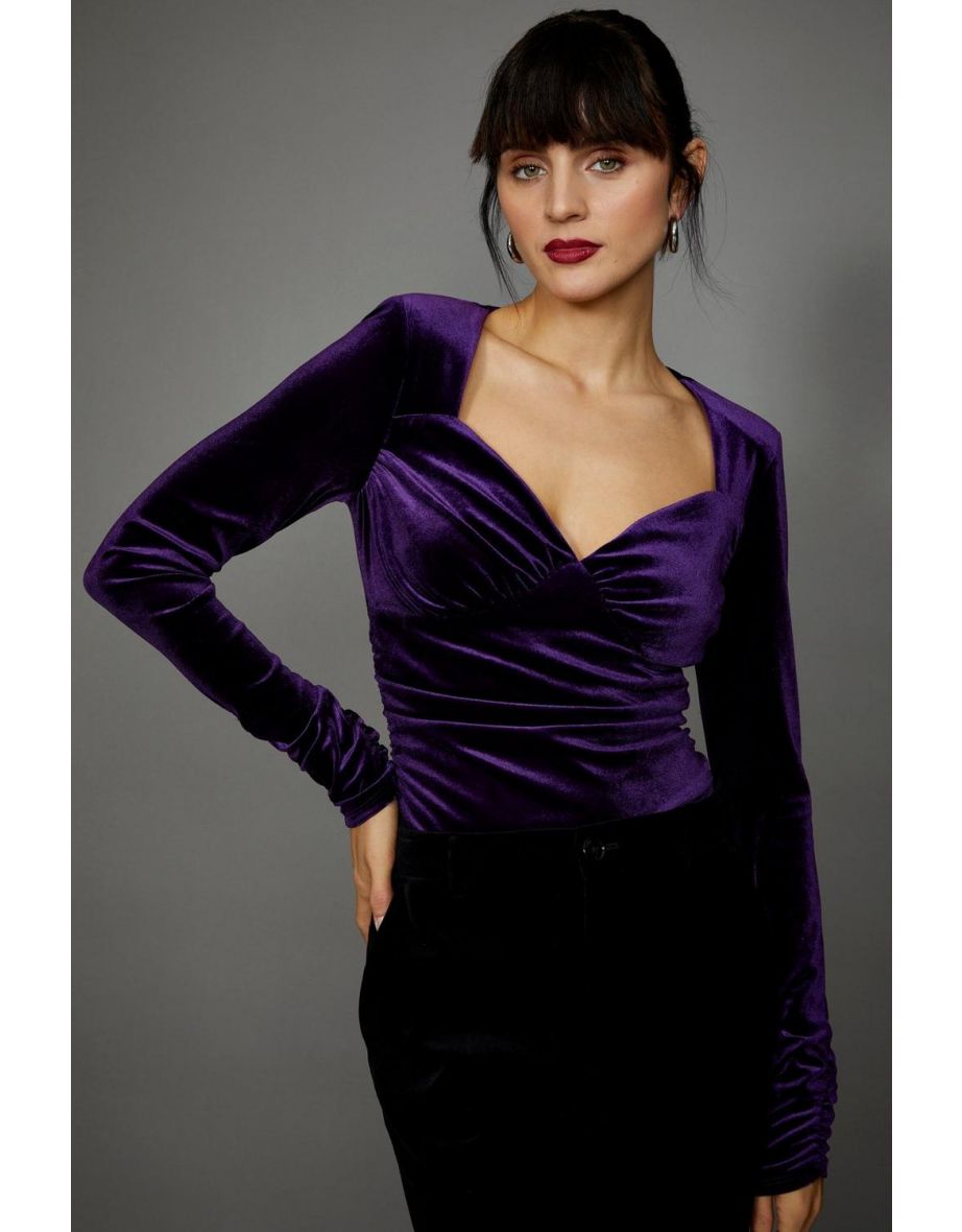 Velvet Sweetheart Neck Bodysuit - purple
