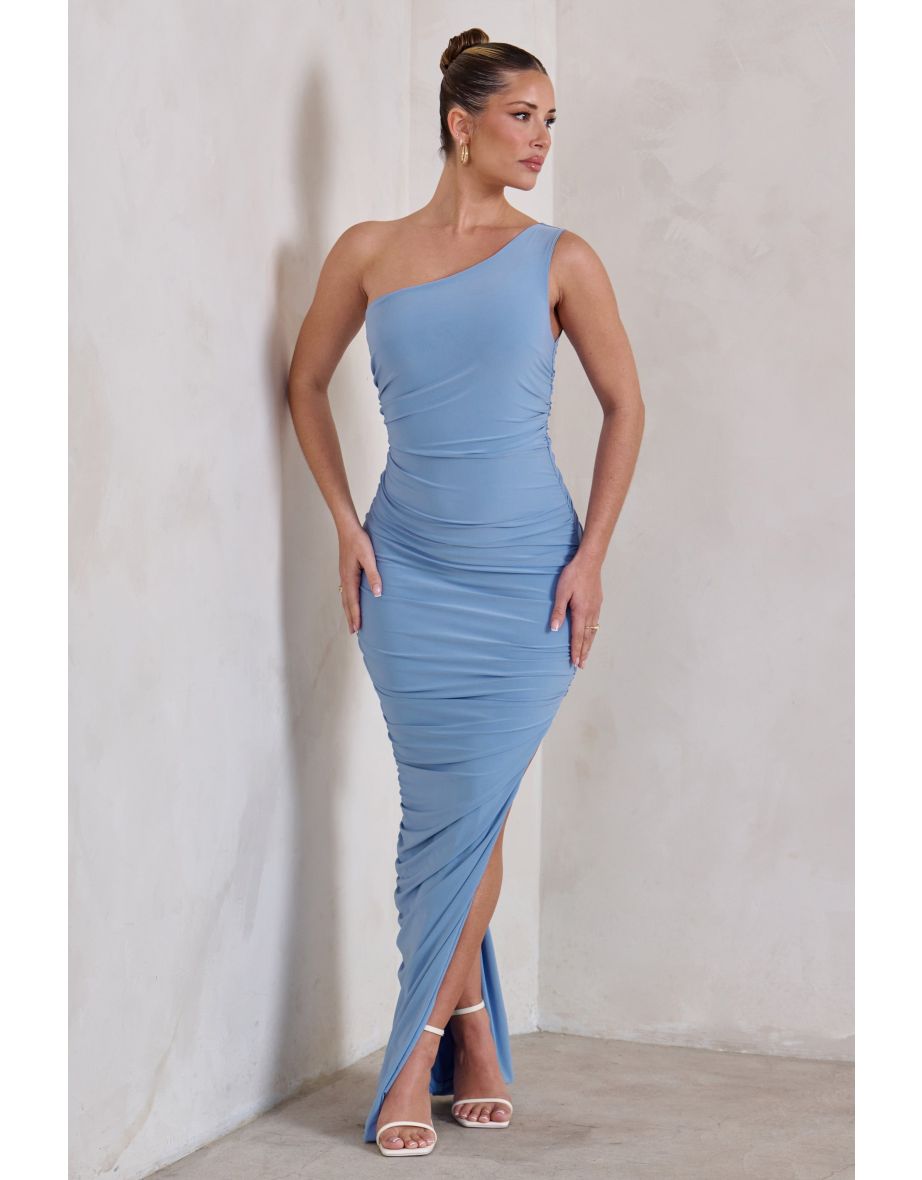 Persia | Powder Blue One Shoulder Split Ruched Maxi Dress