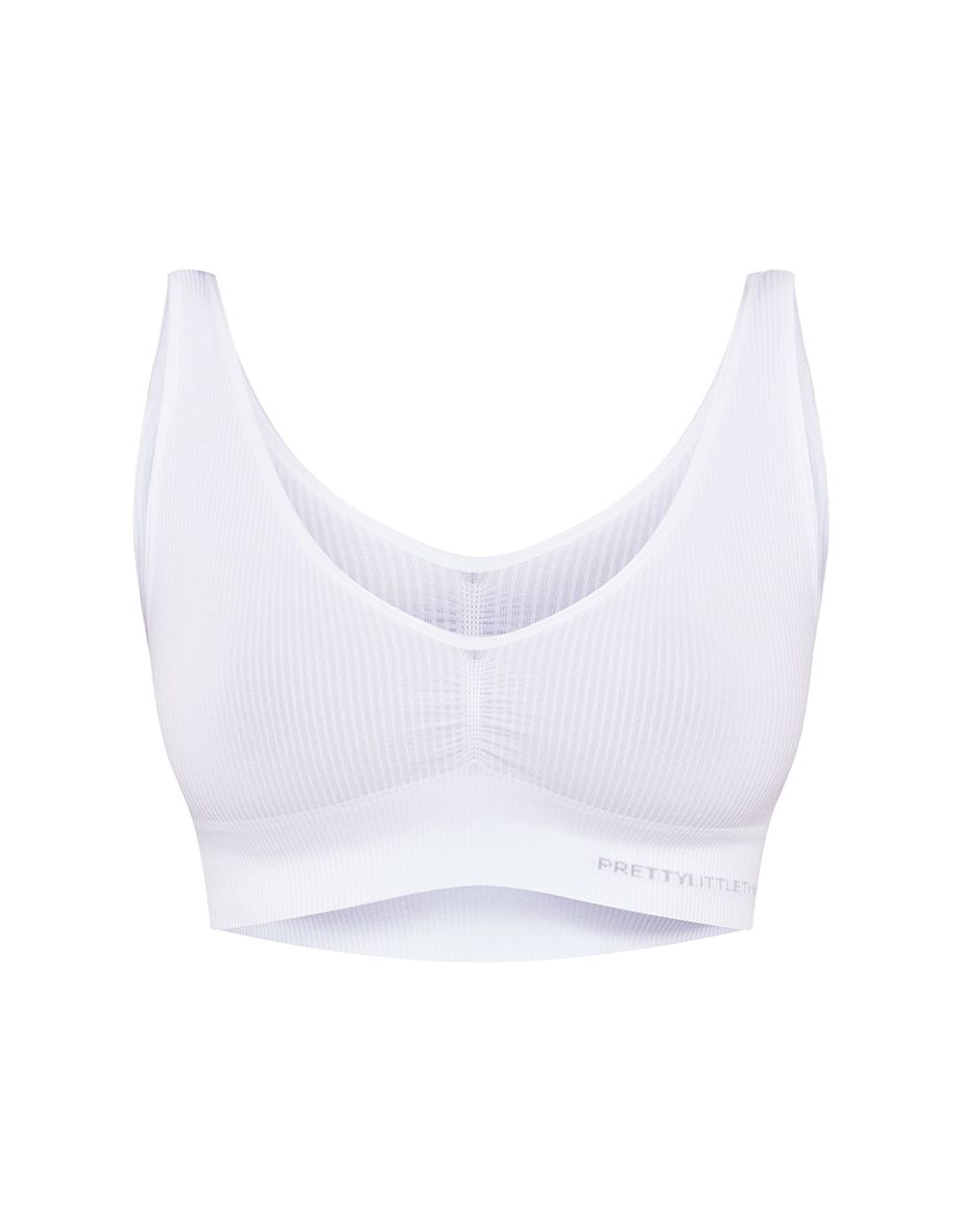 PRETTYLITTLETHING Recycled White Seamless Ruched Front V Neck Longline Bra - 4