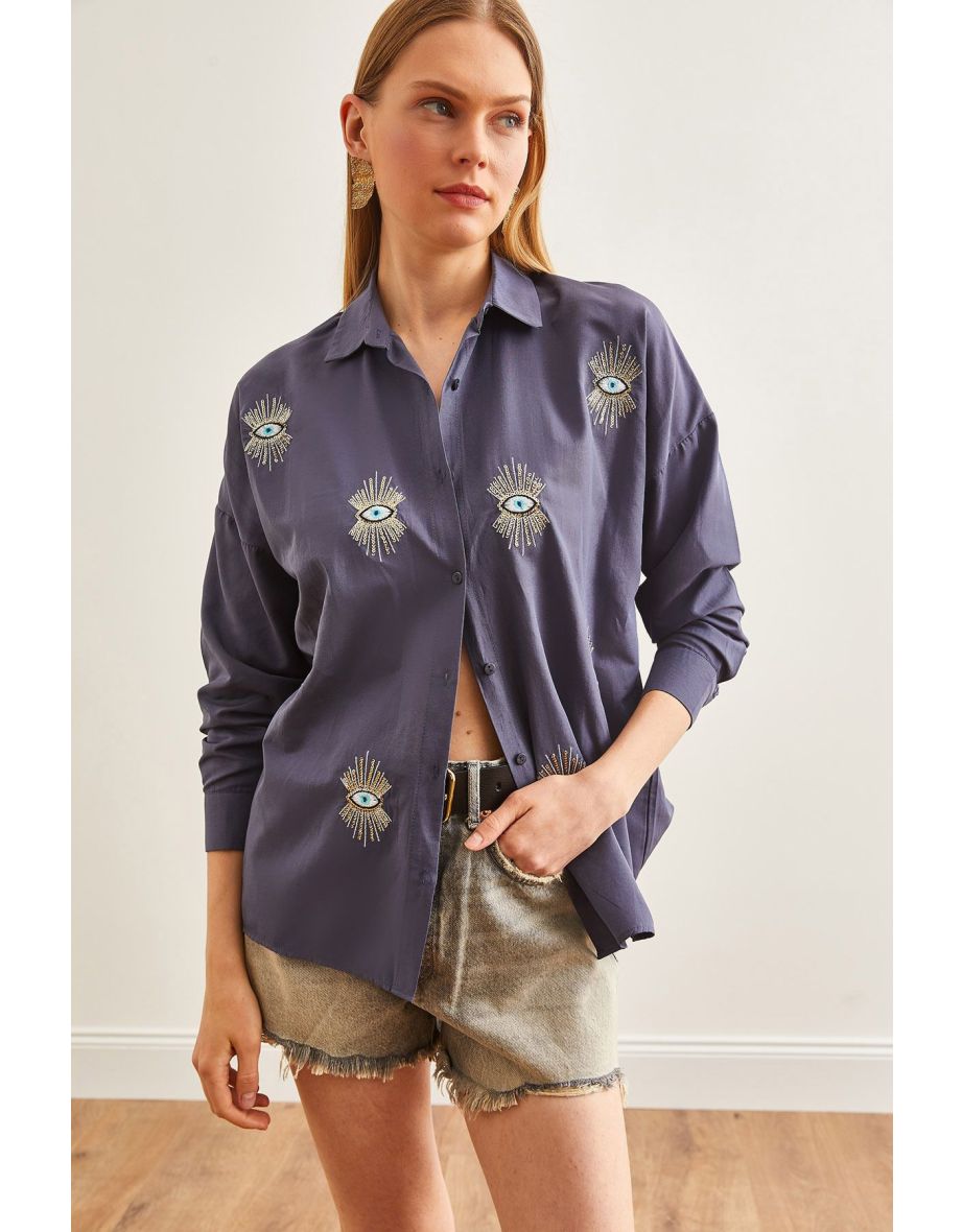 Women's Eye Anthracite Sequin Detailed Woven Boyfriend Shirt