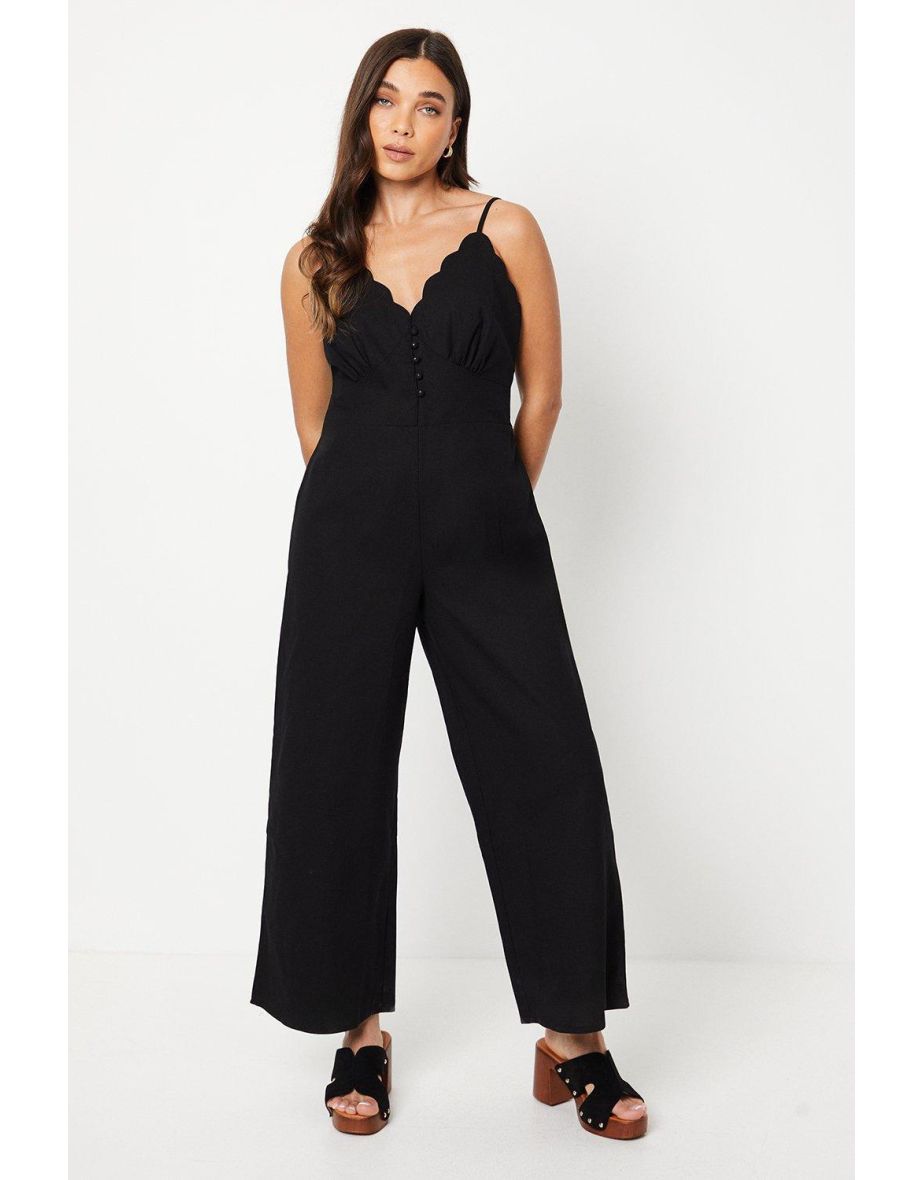 Petite Linen Scallop Edge Button Down Strappy Jumpsuit
