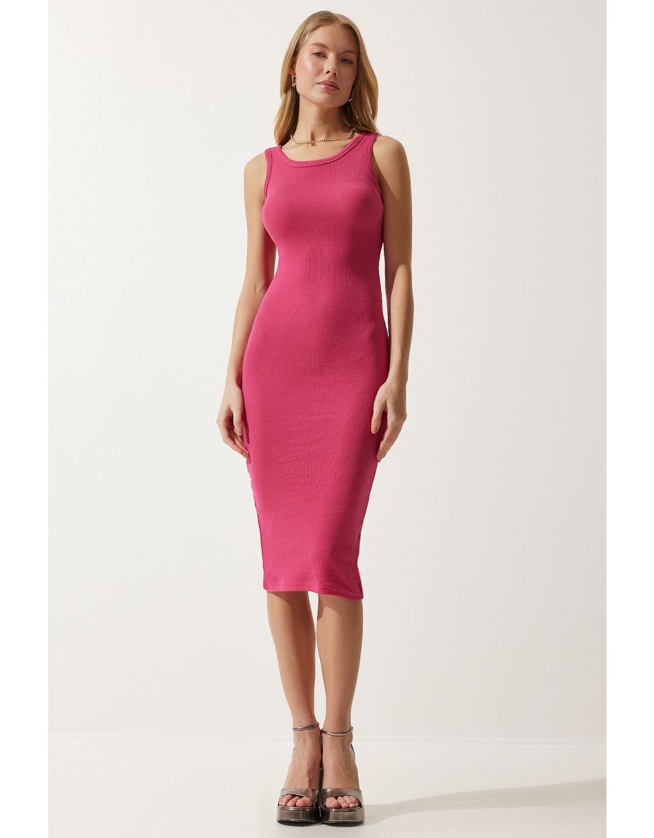Women's Pink Halter Neck Ribbed Wrap Knitted Dress