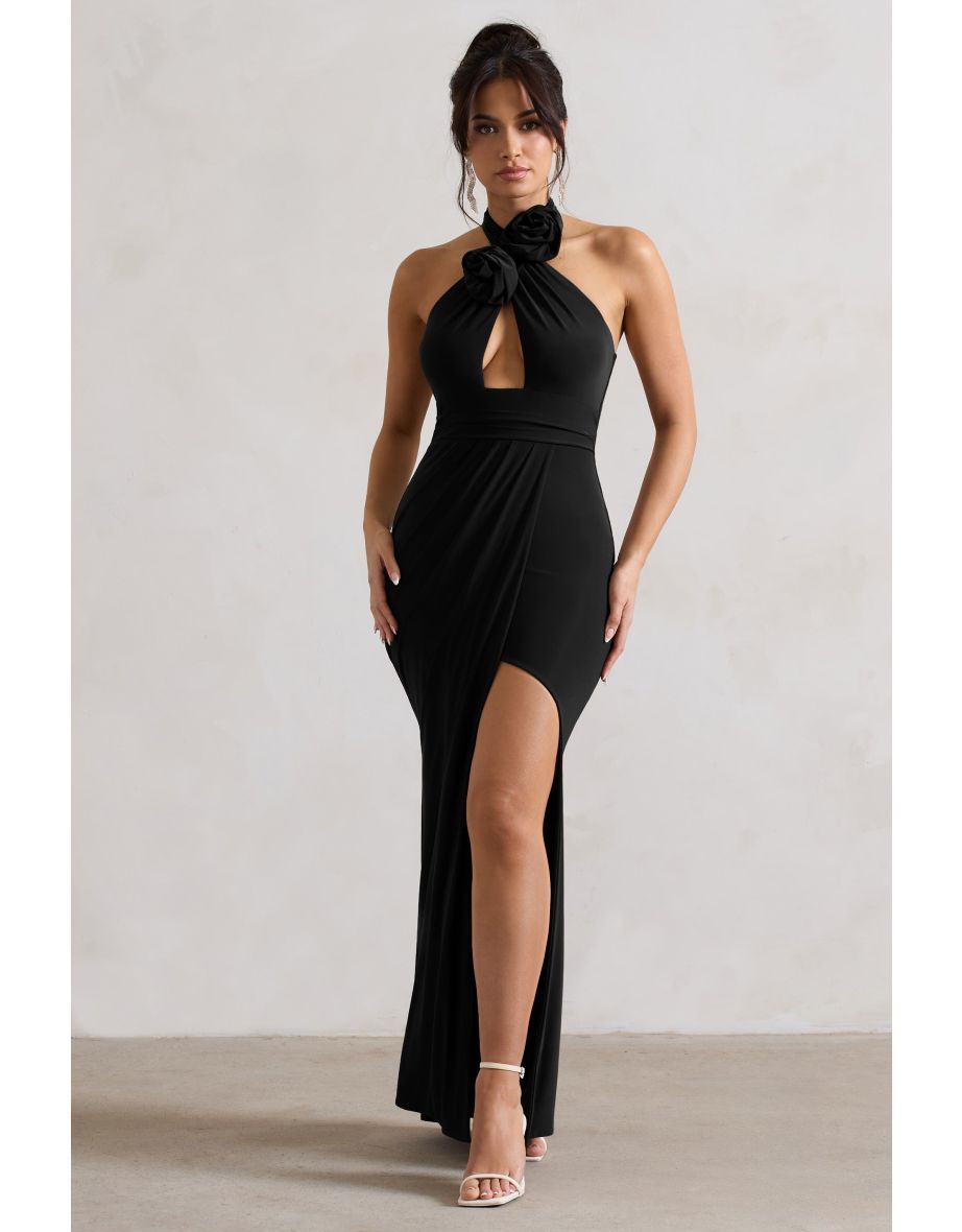 Kira | Black Halter-Neck Cut-Out Split Maxi Dress With Flowers