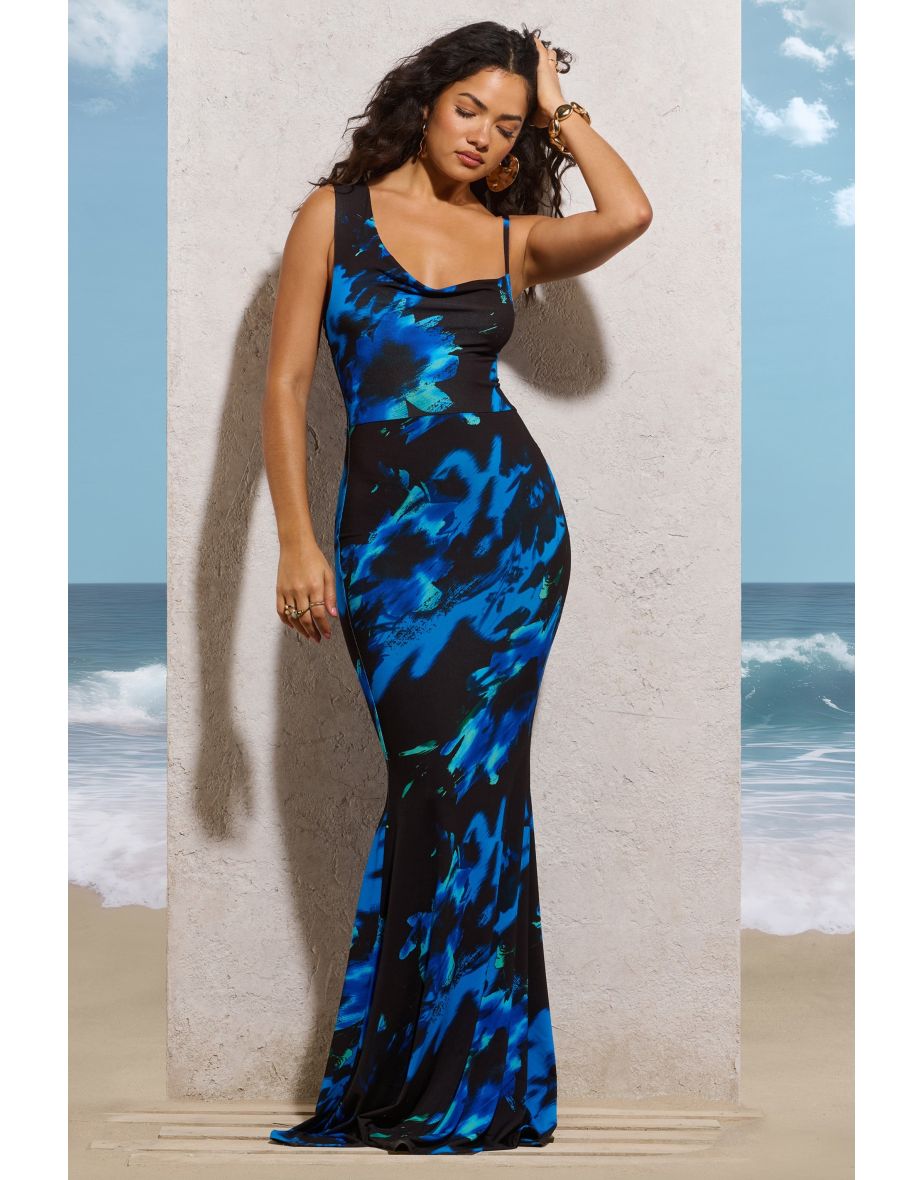 Phantasy | Navy Floral Print Asymmetric Neckline Cowl Maxi Dress - 5