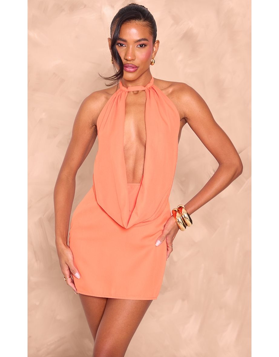Orange Chiffon Cowl Neck Halter Mini Dress