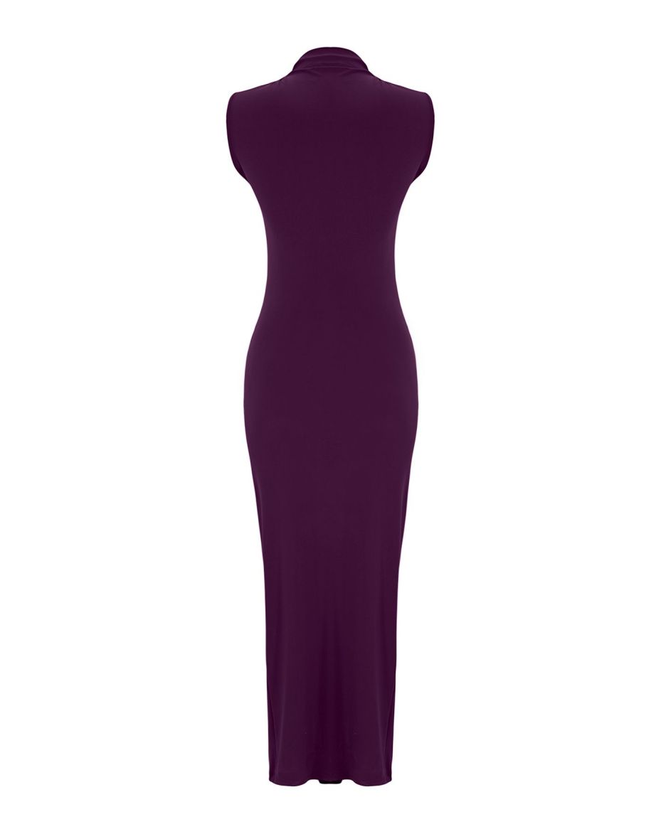 Purple Plain Gathered Maxi Zero Sleeve Draped Bodycone/Fits Body Stretch Knit Dress - 6