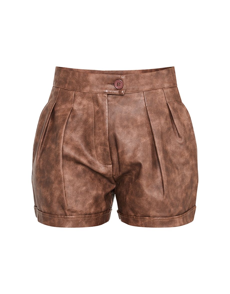 Brown Washed Faux Leather Pleat Detail Shorts - 5