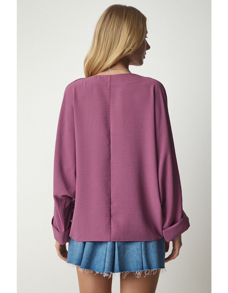 Women's Dark Lilac Bat Sleeves Flowy Curtain Wrapper Shirt - 4