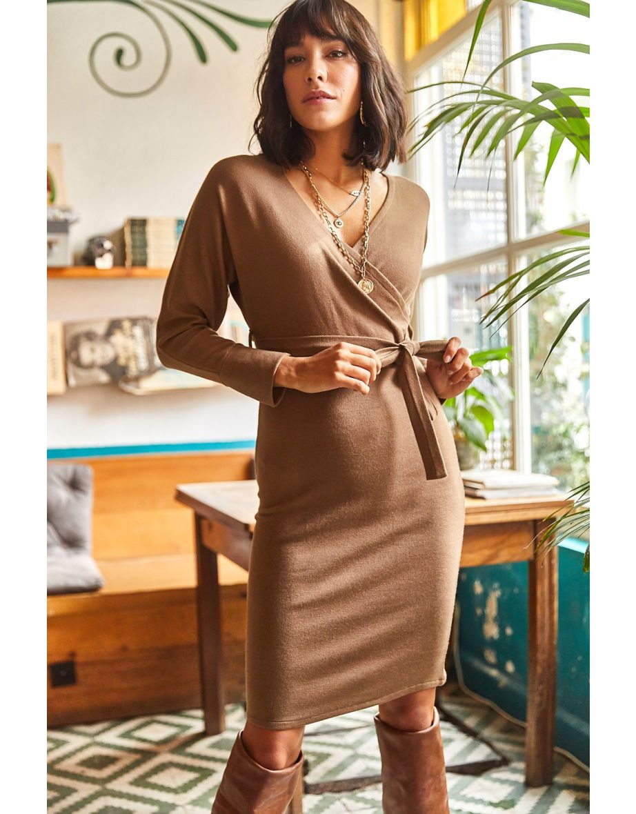Olalook Brown Bodycon Wrap Midi Dress with Long Sleeves