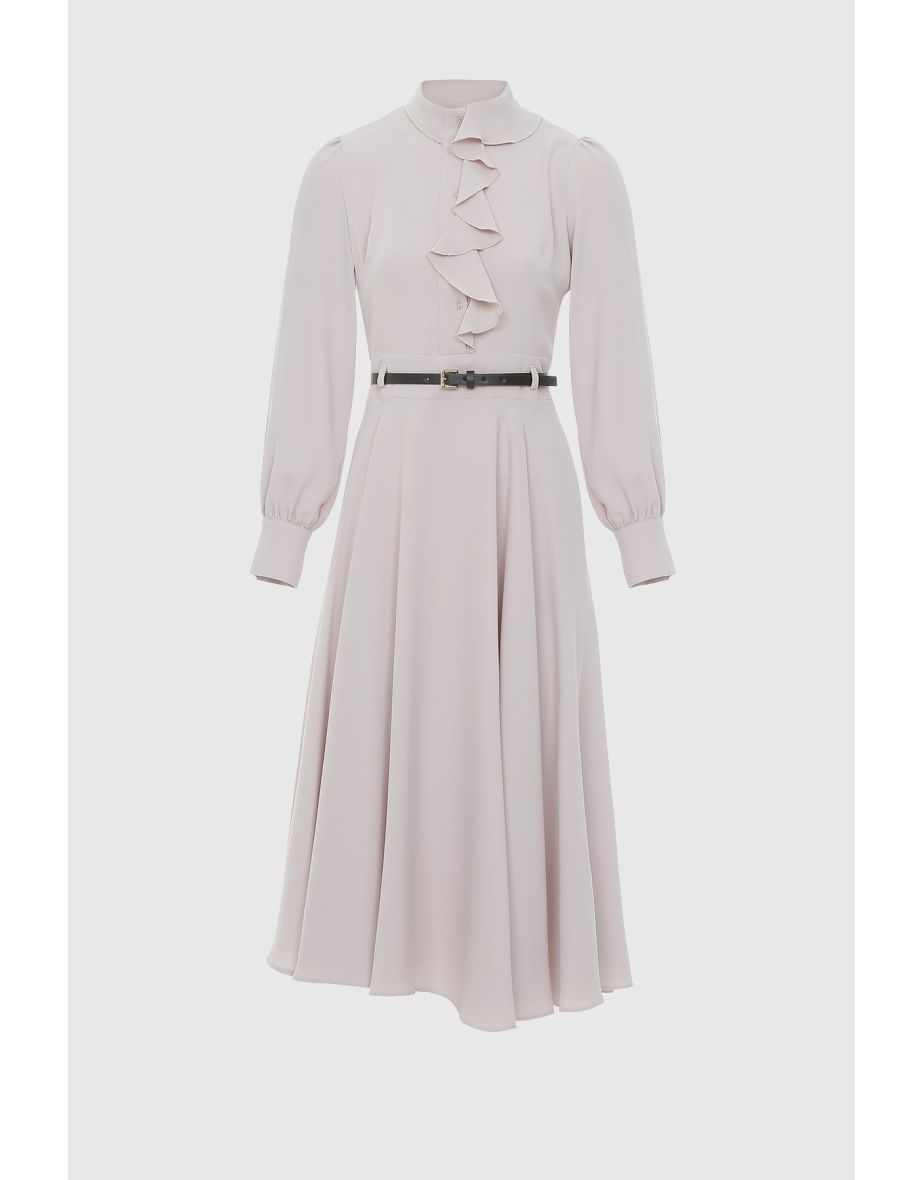 Leather Belt Midi Beige Dress With Plain Rims
