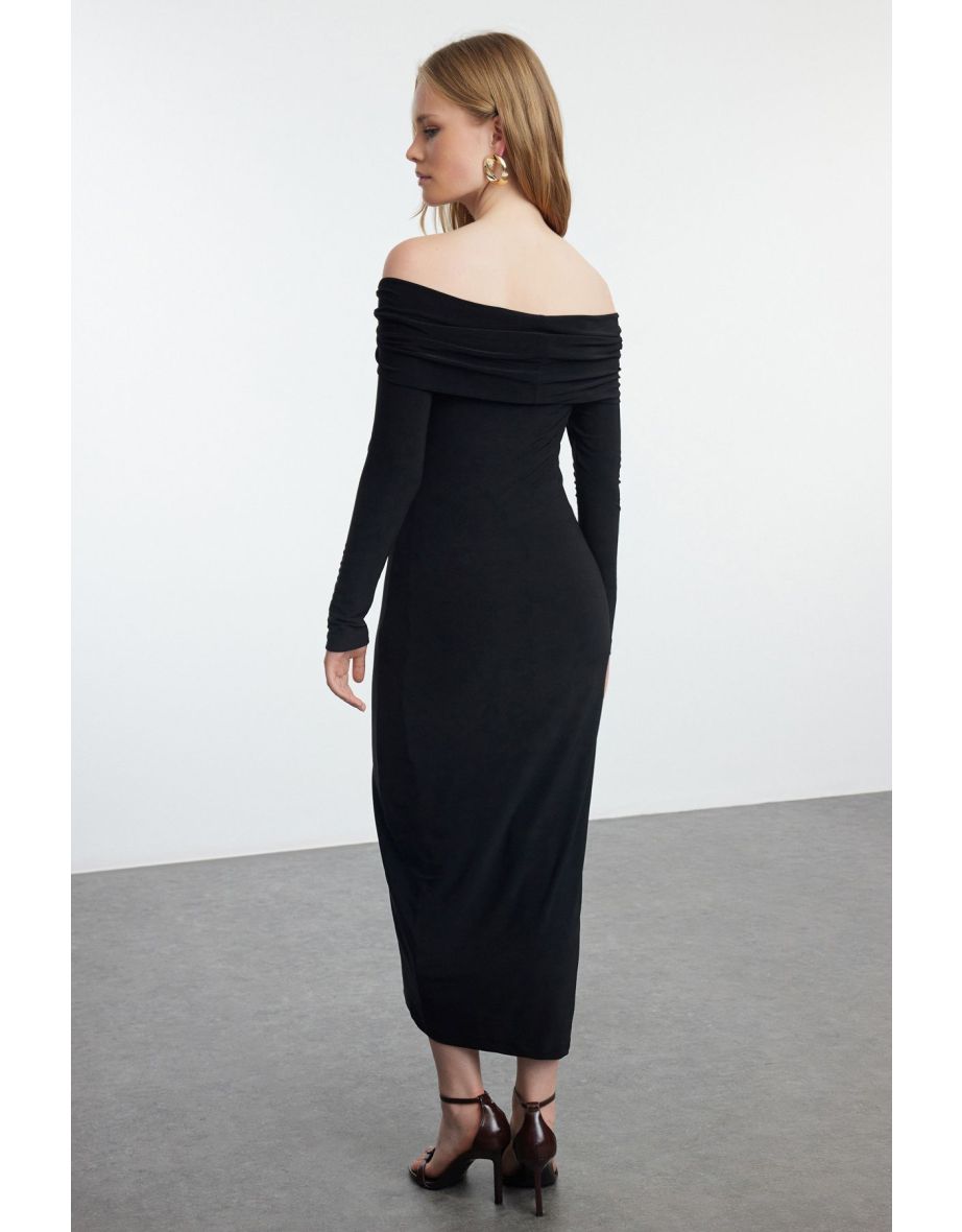 Black Carmen Collar Fitted/Fitting Flexible Midi Knitted Dress - 4