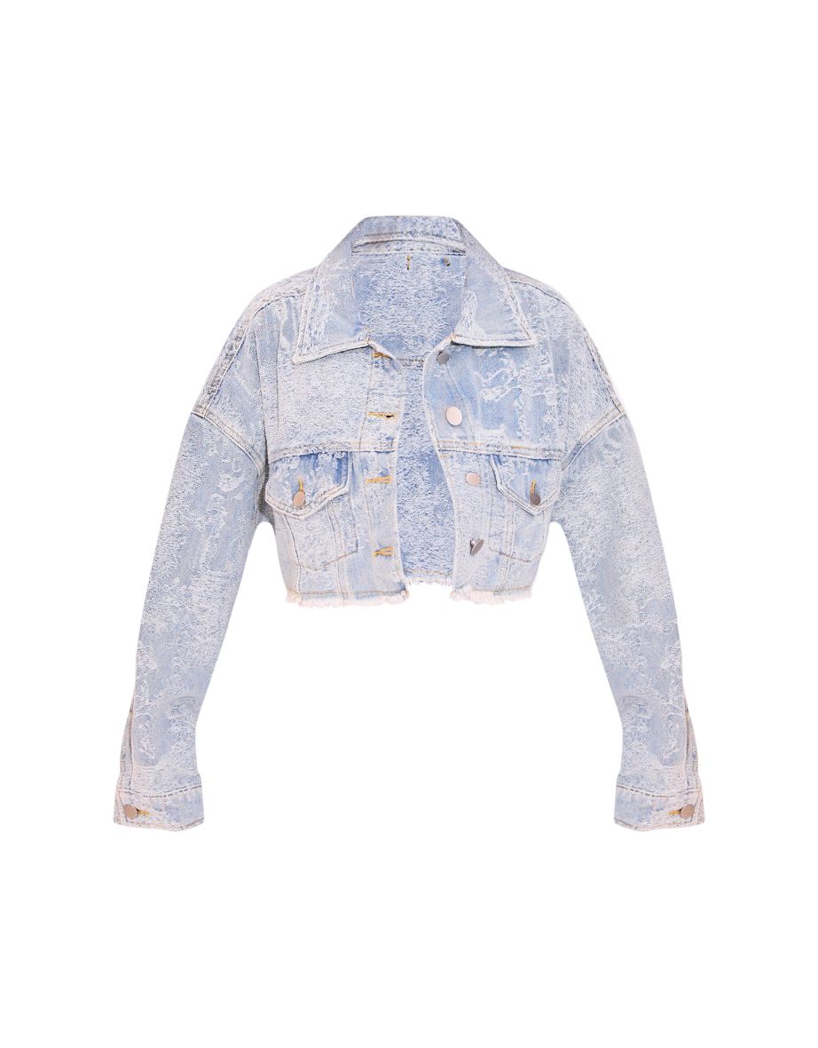 Petite Blue Jacquard Denim Cropped Jacket - 4