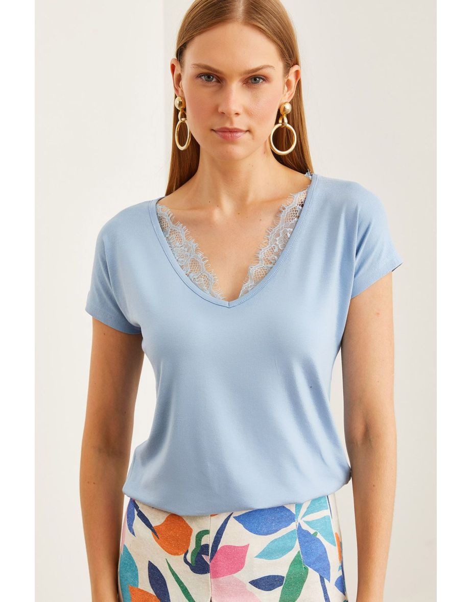 Women's Baby Blue Collar Laced Casual Viscose Blouse