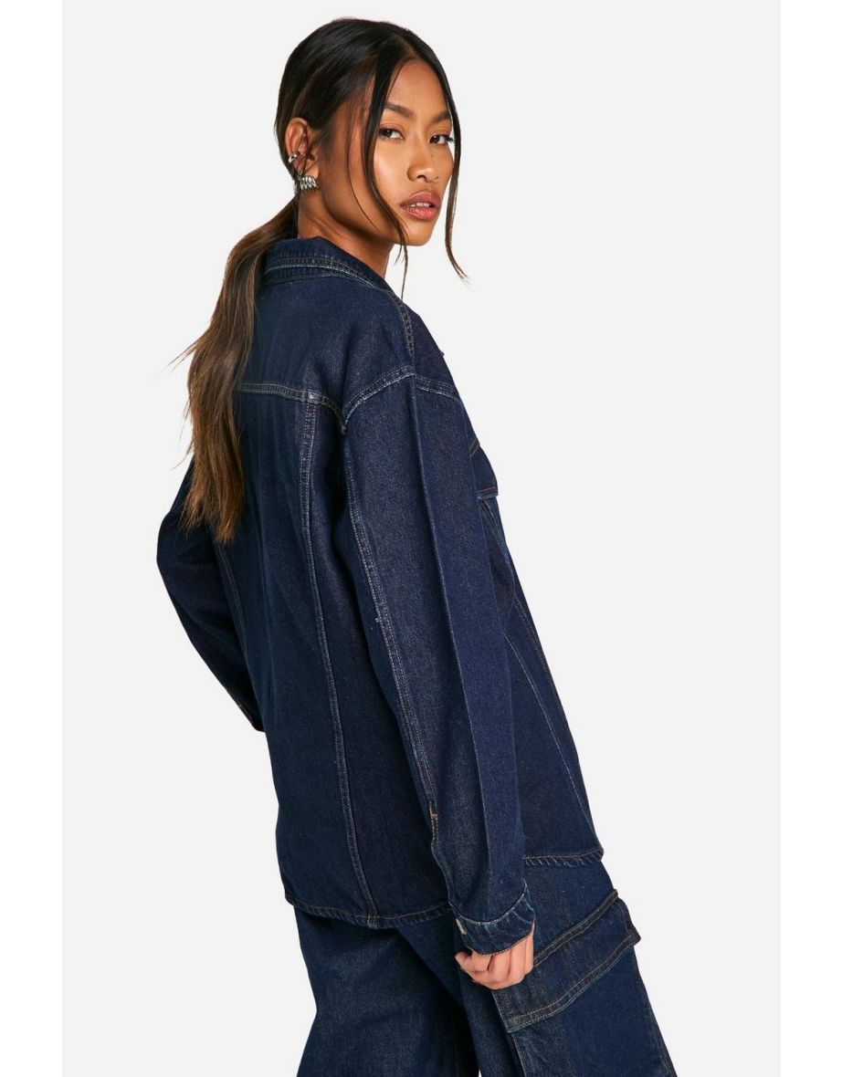 Oversized Contrast Stitch Raw Indigo Denim Jacket - dark indigo - 3