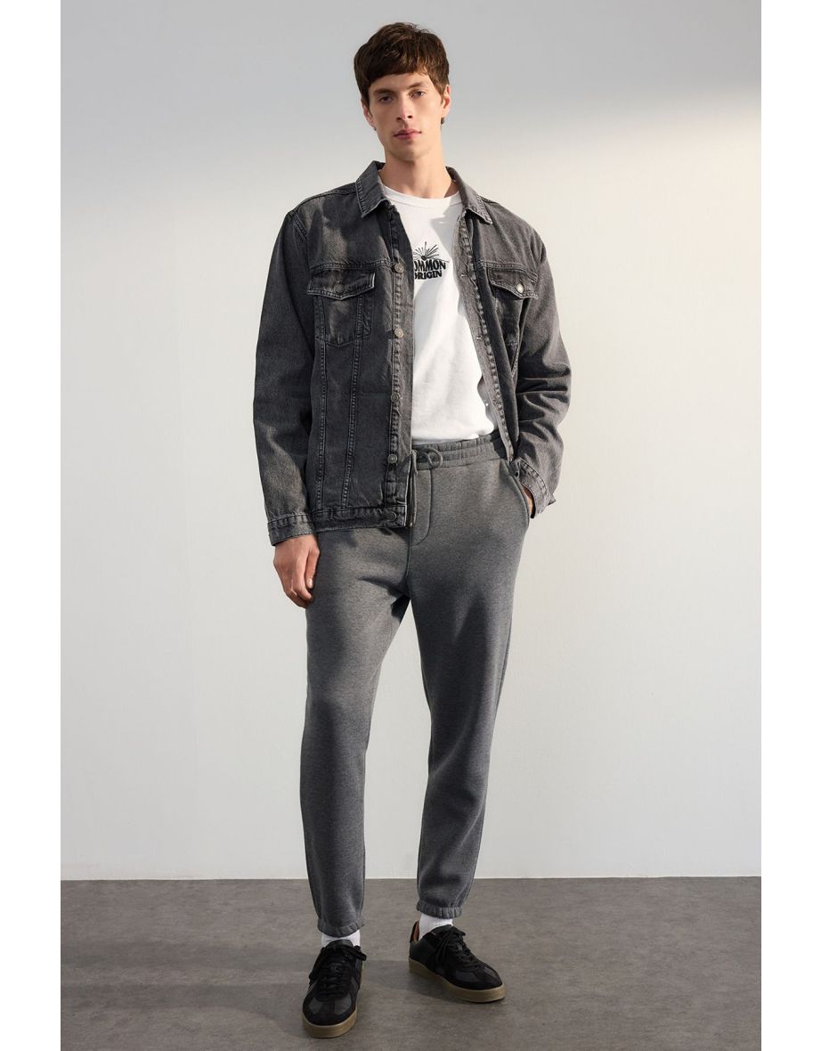 Anthracite Melange Regular/Normal Cut Sweatpants with Elastic Lace-Ups and Fleece Inside