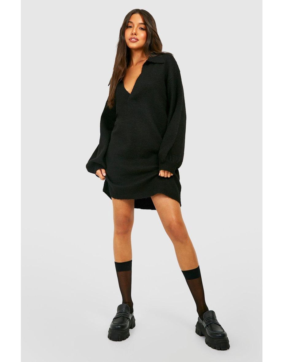 Polo Neck Oversized Knitted Jumper Dress - black