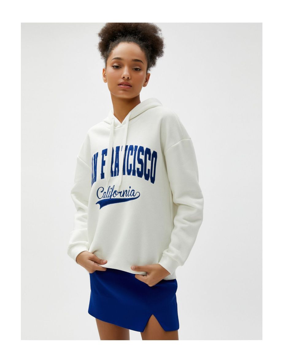 Oversize Hooded Sweatshirt Embroidered Long Sleeve Ribbed