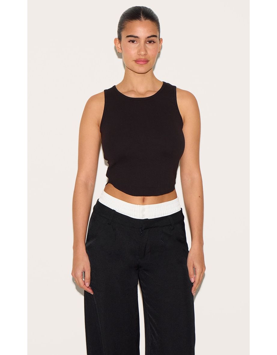 Black Ribbed Curve Hem Detail Vest Top