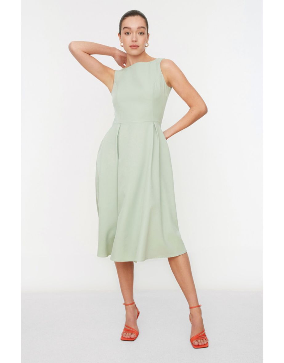 Mint Waist Opening Pleated Woven Dress
